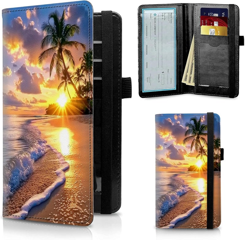 FUYOCWE Leather Checkbook Cover for Men Women Checkbook Covers Personal Checks Card Register Holder Wallet W/RFID Blocking & Pen Holder-Beach Sunset - Image 1